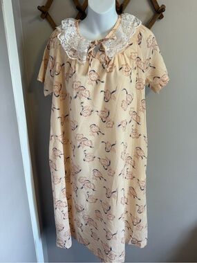 Vintage Handmade Linen Floral House Dress Lace Collar Lined M
